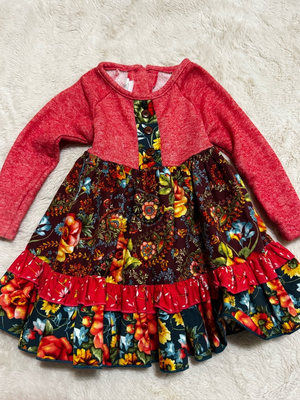 Girls Red Floral Tiered Long-Sleeve Dress with Button Accent